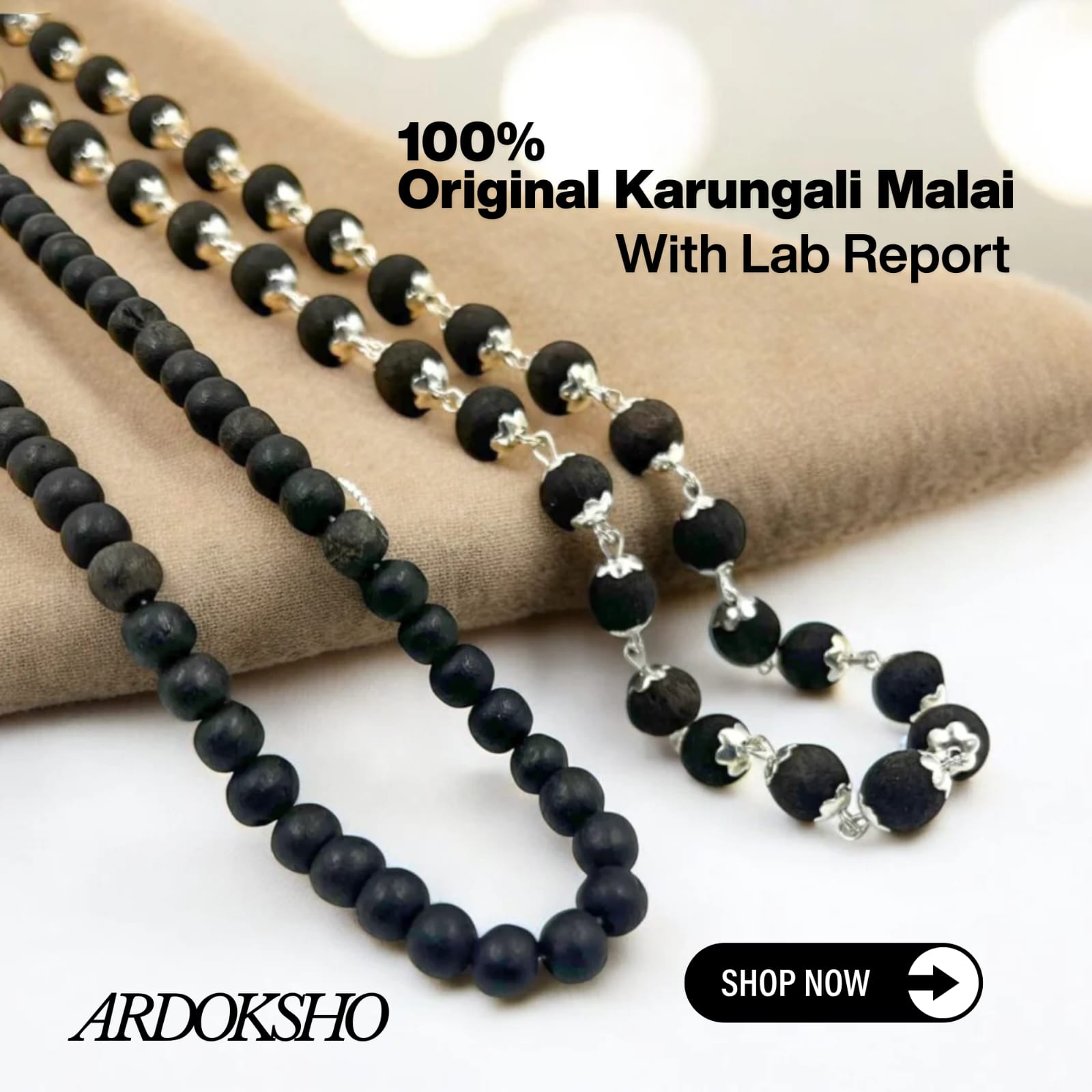 Karungali Malai Silver Cap Neklace with Lab Rep.